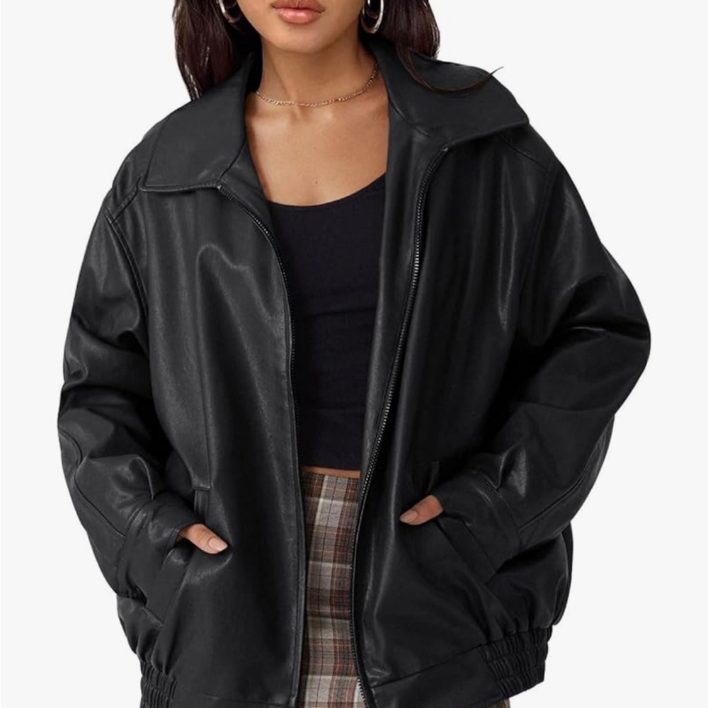 Black Leather Jacket with Oversized Fit and Wide Collar